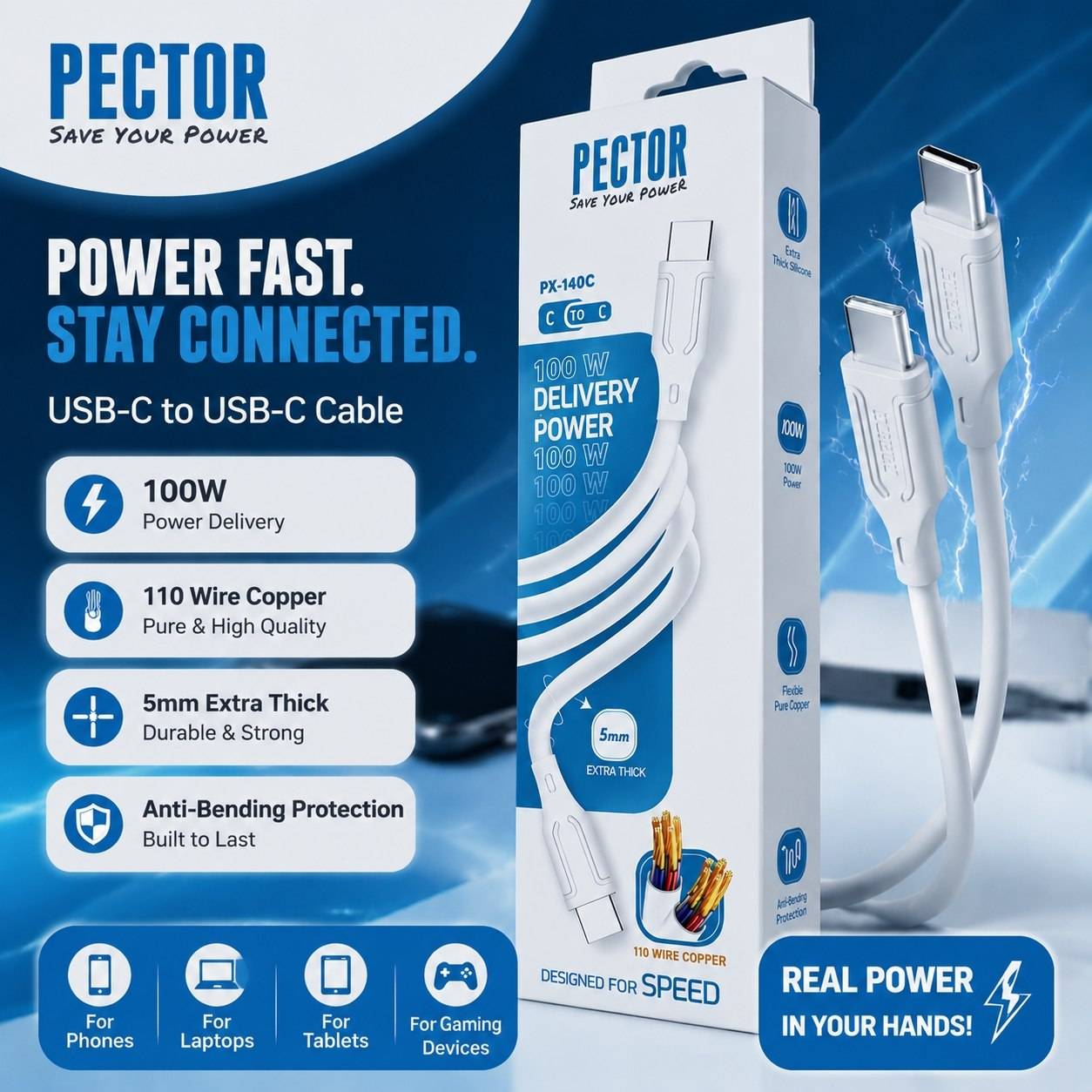 کابل شارژ اورجینال پکتور PECTOR 100Wدو سر تایپ C